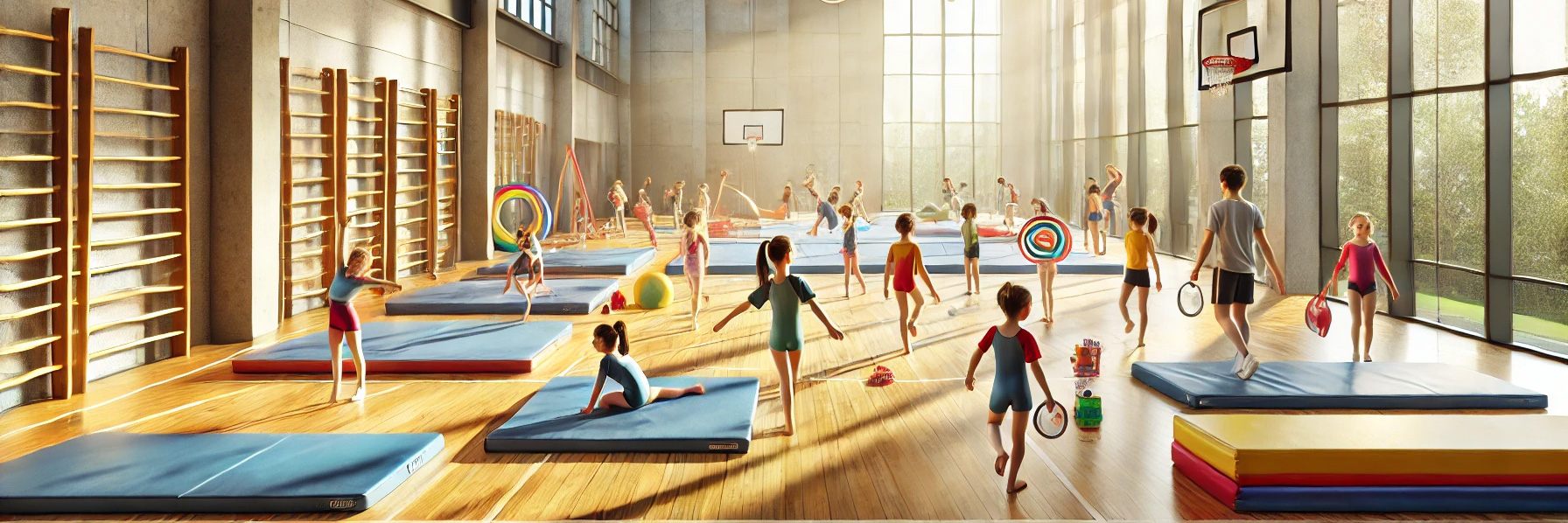 Kinder bei einer Übungsstunde in einer Sporthalle